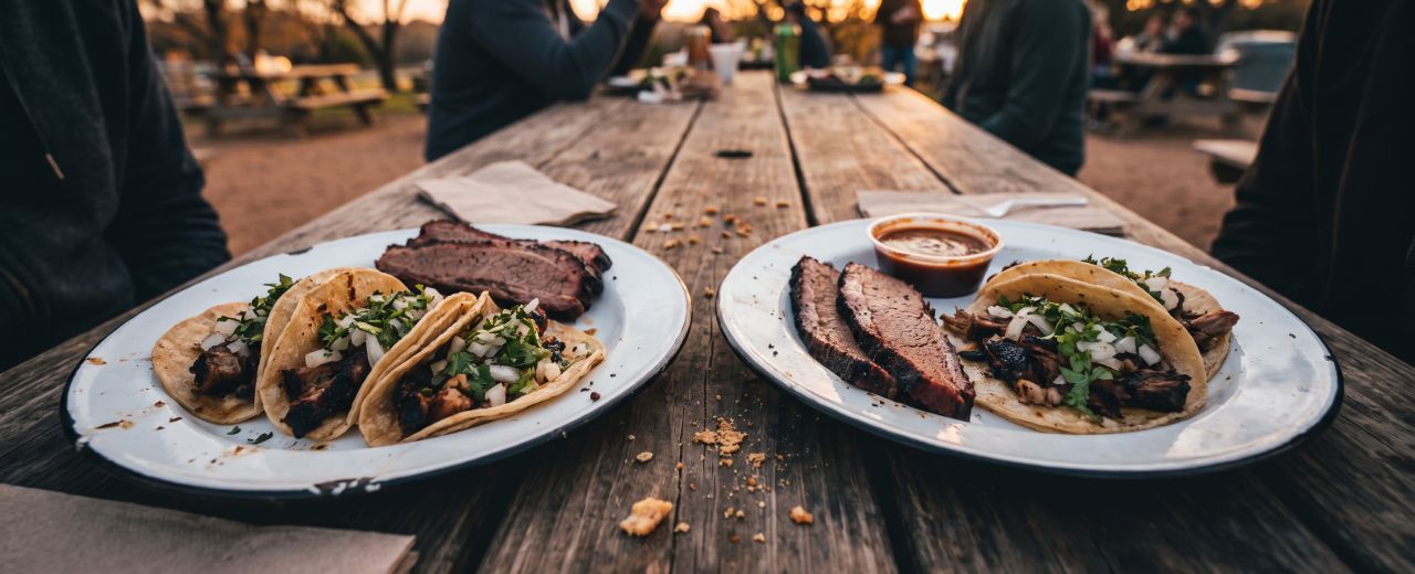 Street tacos and sliced smoked brisket on a picnic table