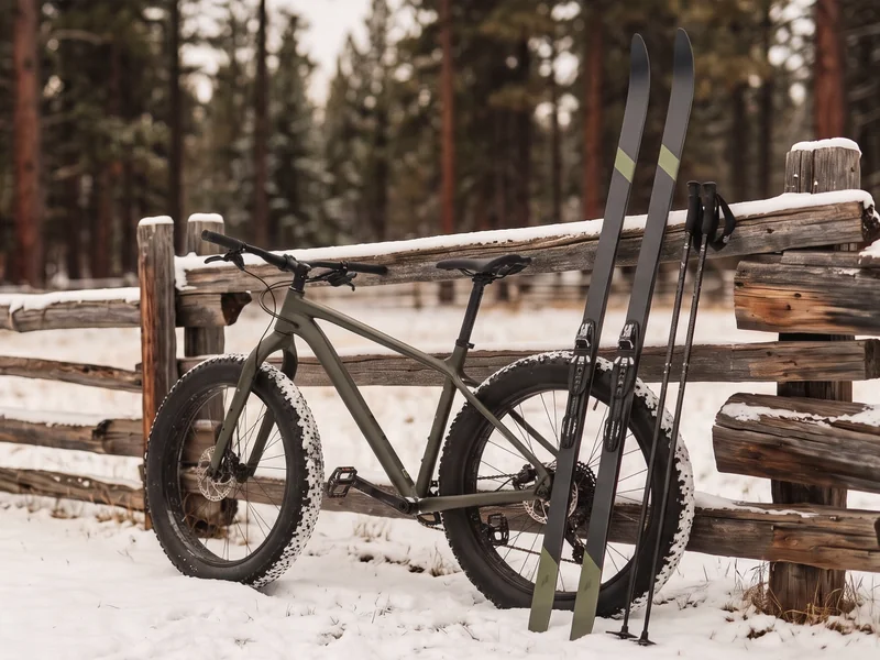 A fat-tire bike leaning on a snowy split-rail fence with cross-country skis beside it