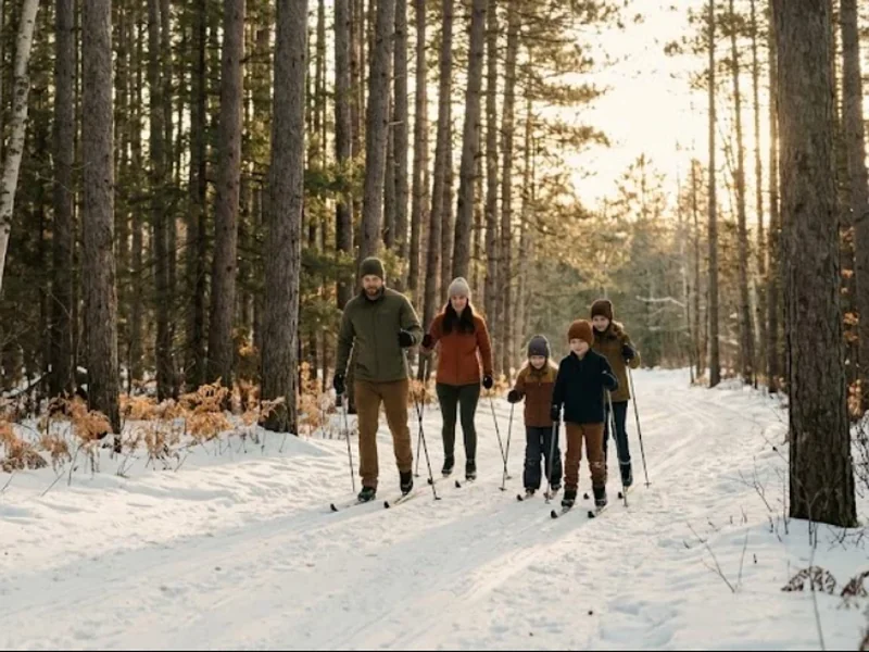 A family cross-country skiing a groomed track through the pines