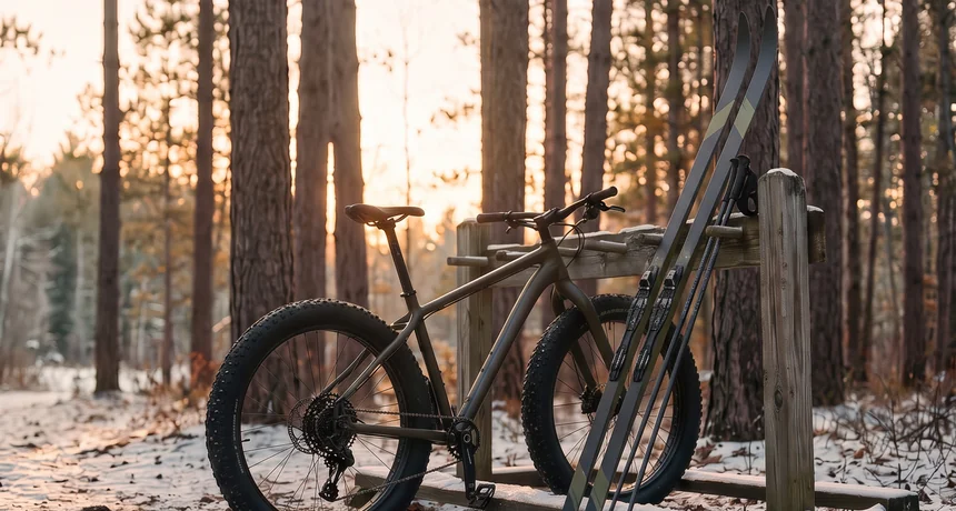 A fat-tire bike and a pair of cross-country skis on a wooden rack among the pines at sunset