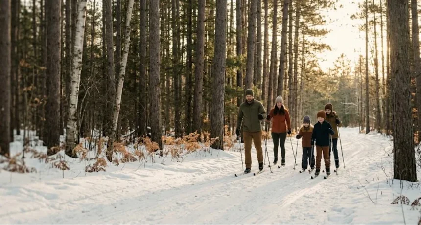 A family cross-country skiing a groomed track through snowy pines